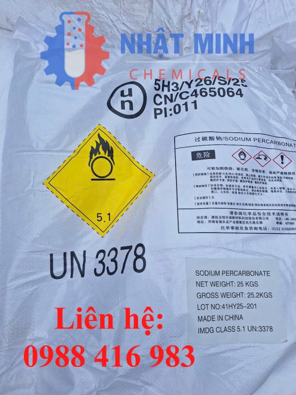 Bao bì sản phẩm Sodium Percarbonate 25 kg (UN 3378, IMDG Class 5.1) của Nhật Minh Chemicals, liên hệ ZALO 0988 416 983.