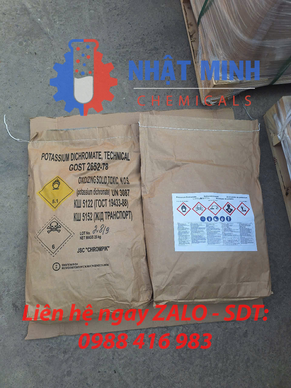 Bao bì hóa chất Potassium Dichromate Technical Grade (K₂Cr₂O₇) 25 kg của Nhật Minh Chemicals, liên hệ ZALO 0988 416 983.