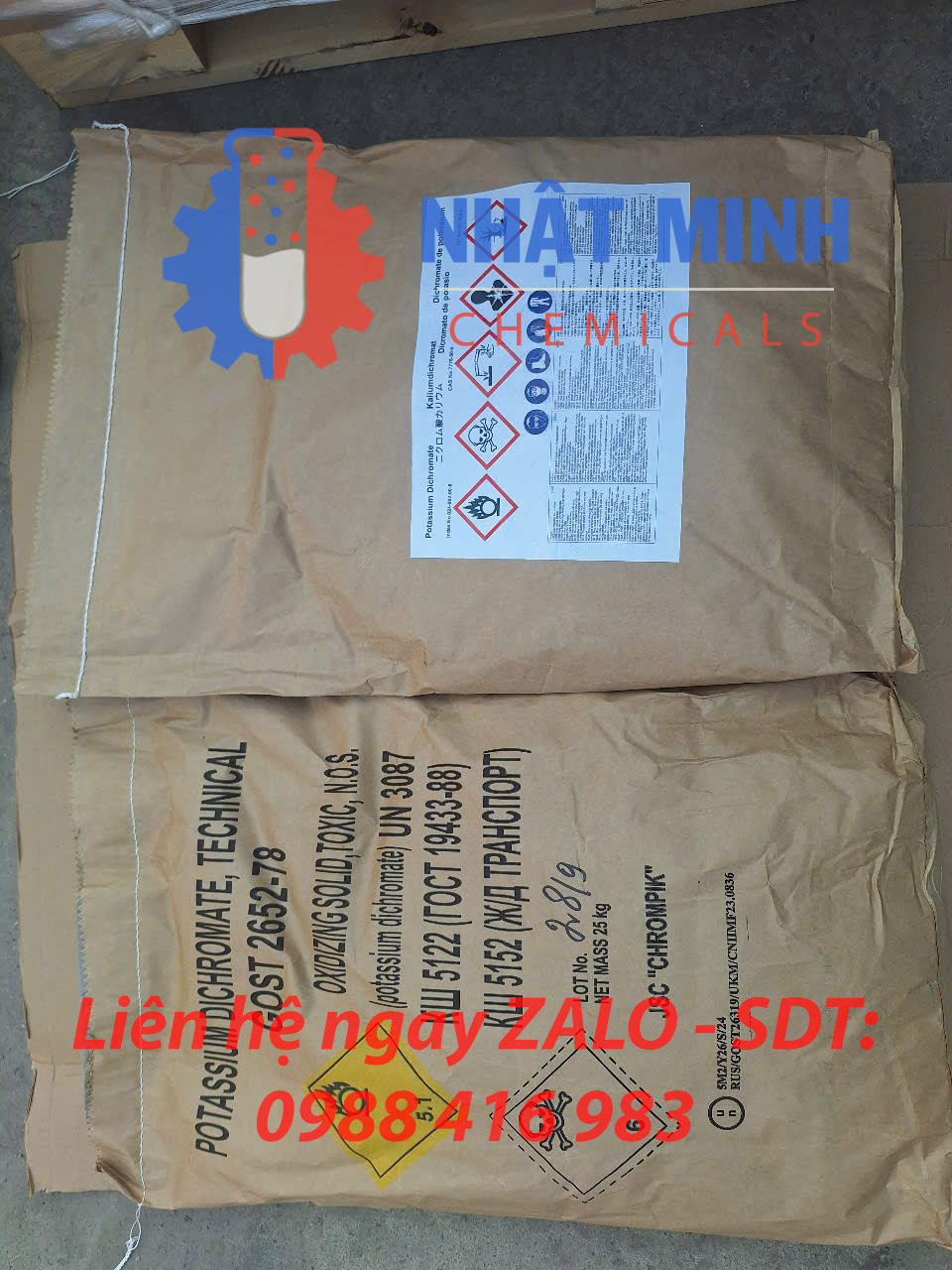 Bao bì hóa chất Potassium Dichromate Technical Grade (K₂Cr₂O₇) 25 kg của Nhật Minh Chemicals, liên hệ ZALO 0988 416 983.