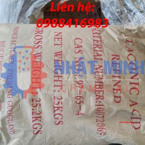 Bao 25kg Itaconic Acid (Refined) của Zhejiang Guoguang Biochemistry Co., Ltd — NET WEIGHT 25 KGS, CAS 97-65-4, dùng cho sản xuất polymer, resin và phụ gia công nghiệp.