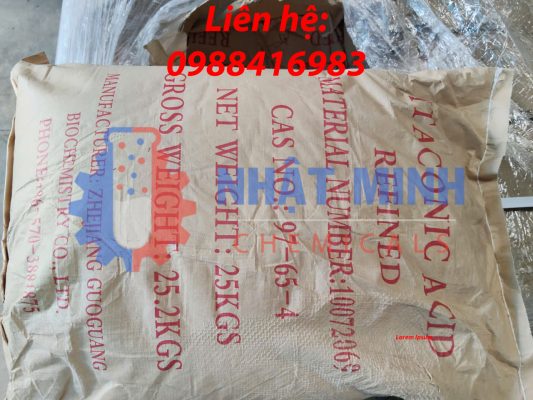 Bao 25kg Itaconic Acid (Refined) của Zhejiang Guoguang Biochemistry Co., Ltd — NET WEIGHT 25 KGS, CAS 97-65-4, dùng cho sản xuất polymer, resin và phụ gia công nghiệp.